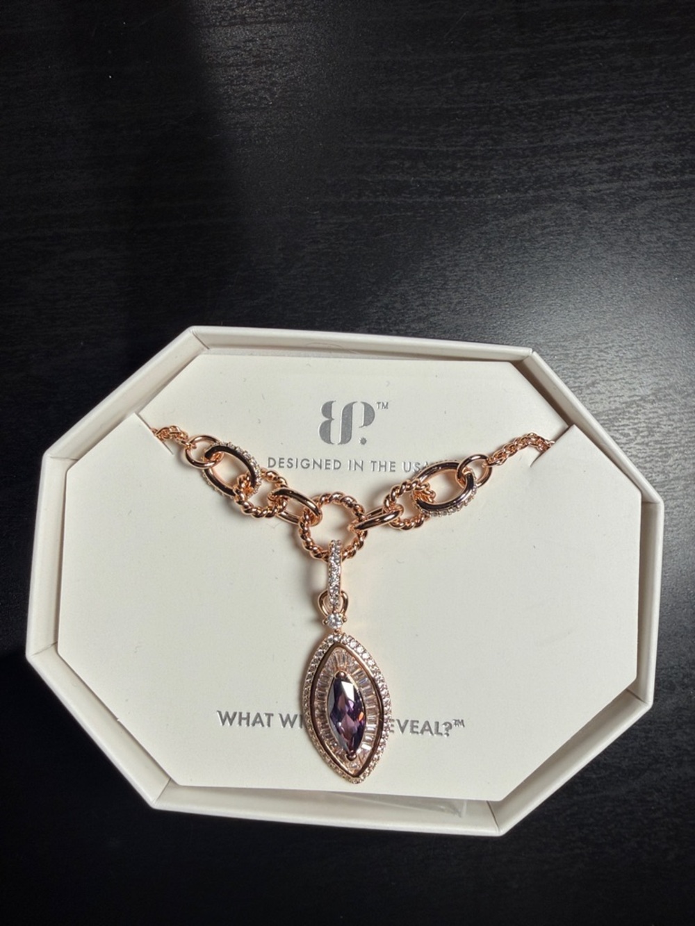 Rose Gold Necklace with Purple Marquise Pendant by JD